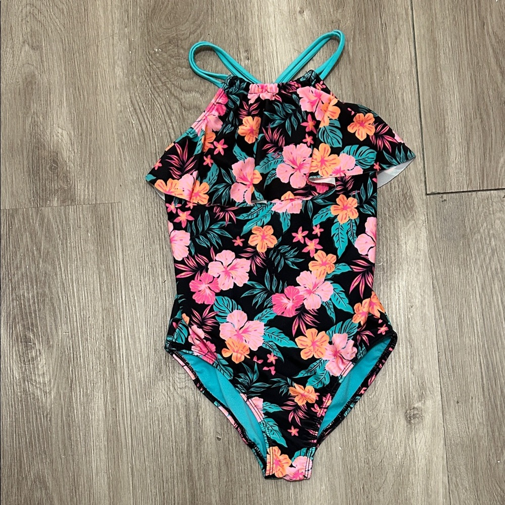 Wonder Nation Floral Kids Swim One Piece - Black and Pink